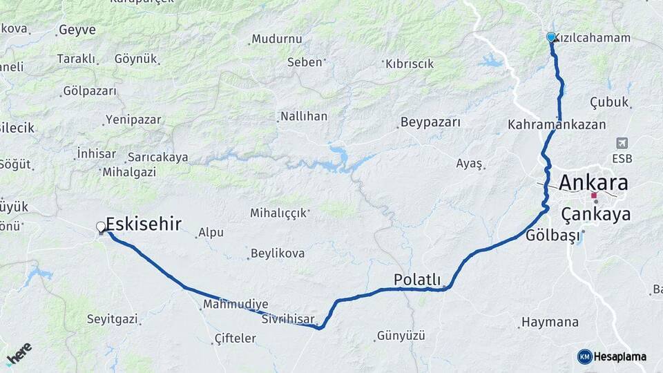 Ankara Kızılcahamam Eskişehir Arası Kaç Km - Yol Haritası