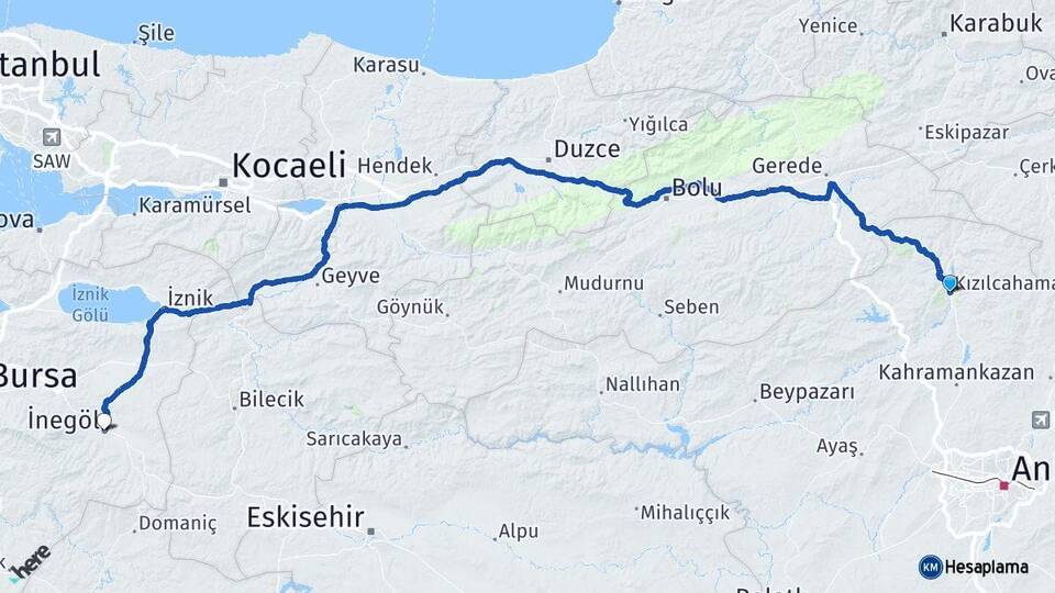 Ankara Kızılcahamam İnegöl Bursa Arası Kaç Km - Yol Haritası
