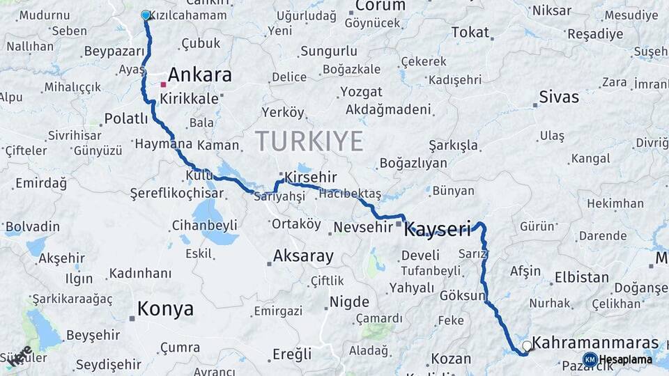 Ankara Kızılcahamam Kahramanmaraş Arası Kaç Km - Yol Haritası