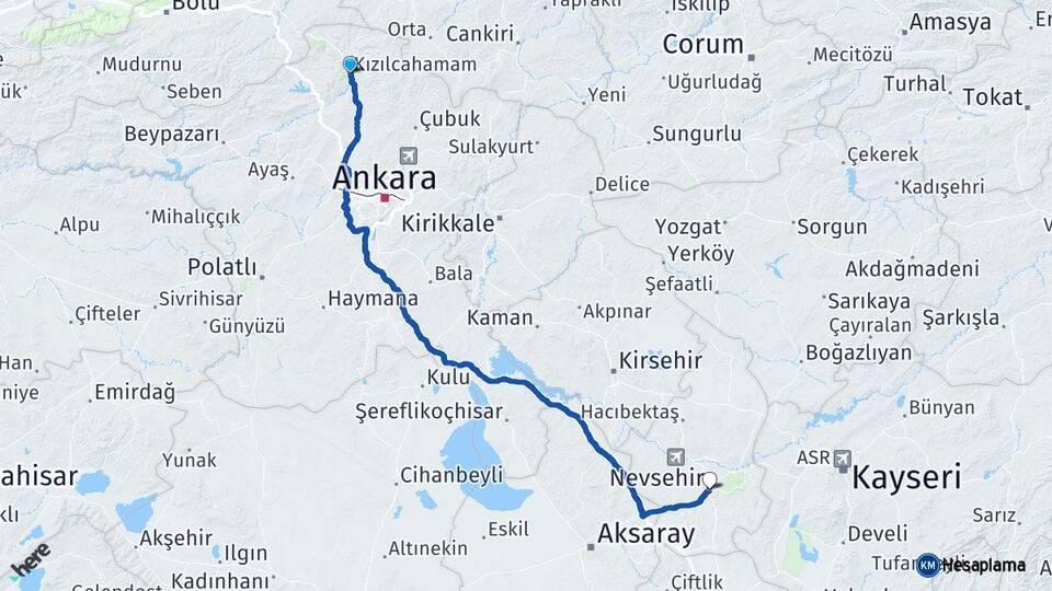 Ankara Kızılcahamam Nevşehir Arası Kaç Km - Yol Haritası