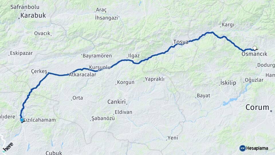 Ankara Kızılcahamam Osmancık Çorum Arası Kaç Km - Yol Haritası