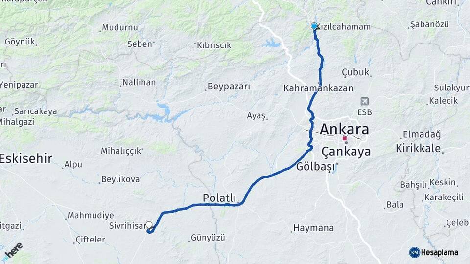 Ankara Kızılcahamam Sivrihisar Eskişehir Arası Kaç Km - Yol Haritası