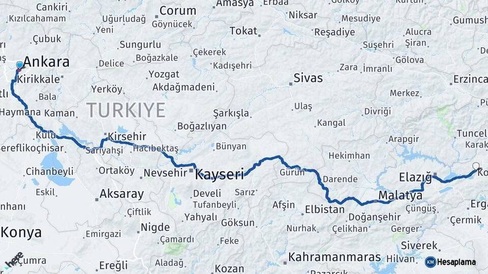 Ankara Kovancılar Elazığ Arası Kaç Km - Yol Haritası