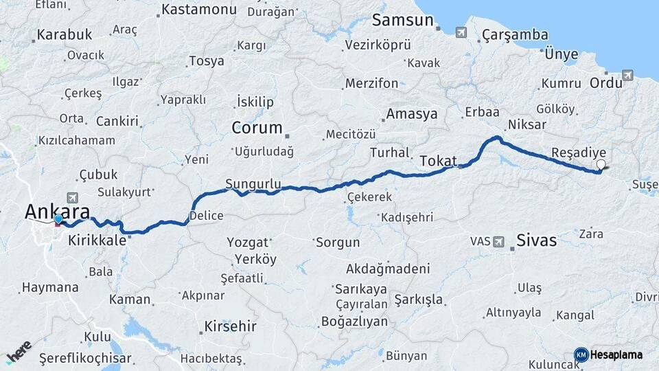 Ankara Koyulhisar Sivas Arası Kaç Km - Yol Haritası