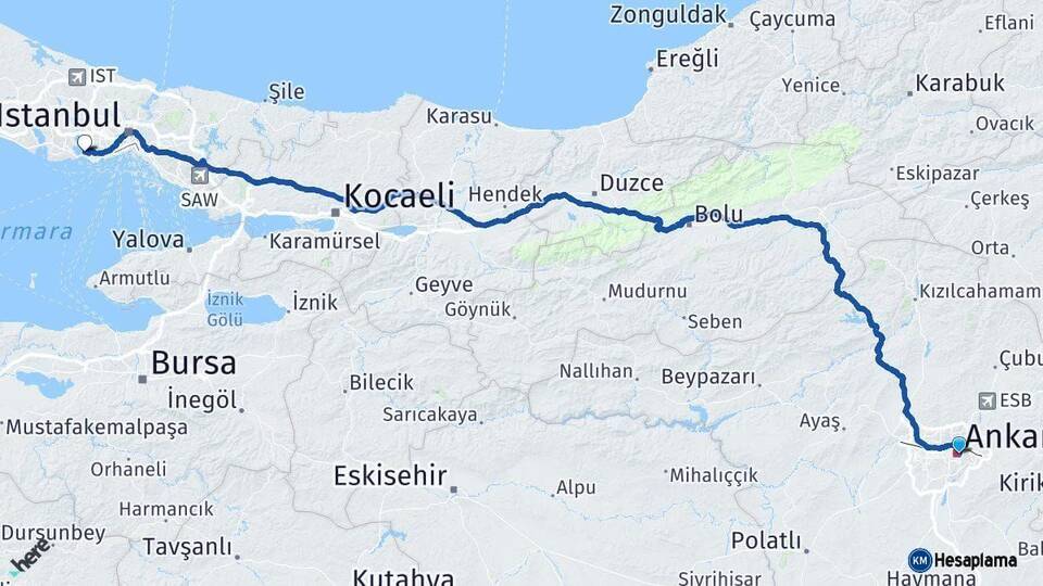 Ankara Küçükçekmece İstanbul Arası Kaç Km - Yol Haritası