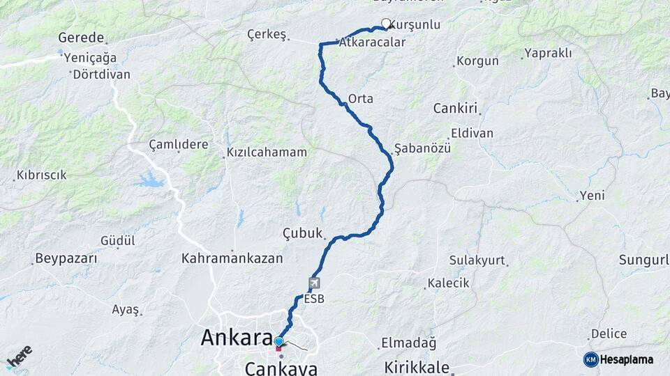 Ankara Kurşunlu Çankırı Arası Kaç Km - Yol Haritası