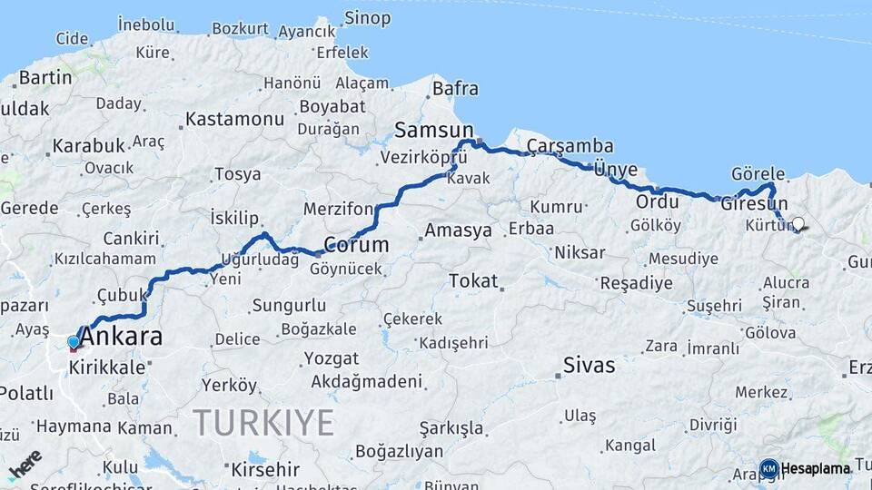 Ankara Kürtün Gümüşhane Arası Kaç Km - Yol Haritası