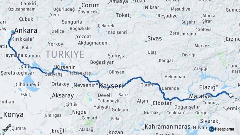 Ankara Maden Elazığ Arası Kaç Km - Yol Haritası