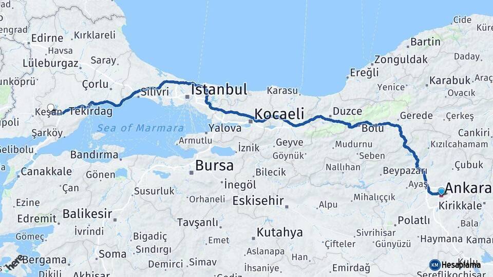 Ankara Malkara Tekirdağ Arası Kaç Km - Yol Haritası