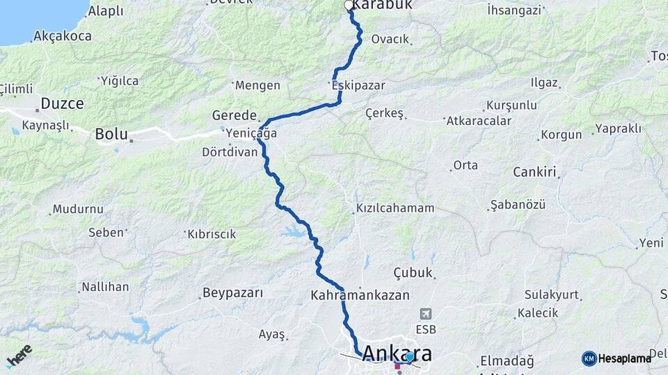 Ankara Mamak Karabük Arası Kaç Km - Yol Haritası