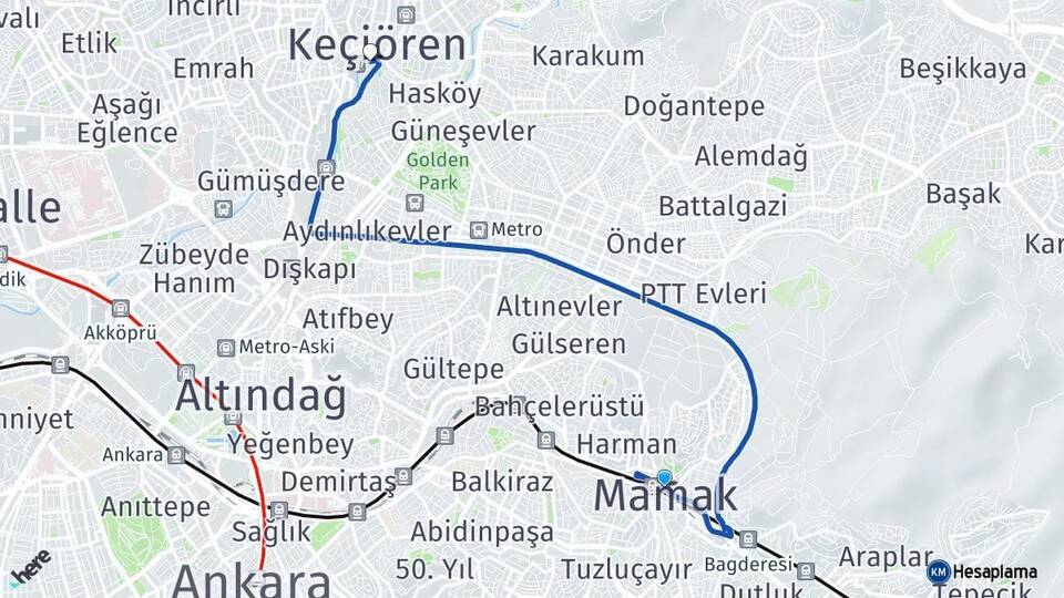 Ankara Mamak Keçiören Arası Kaç Km - Yol Haritası