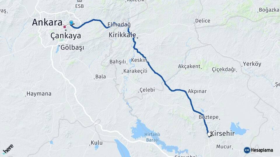 Ankara Mamak Kırşehir Arası Kaç Km - Yol Haritası