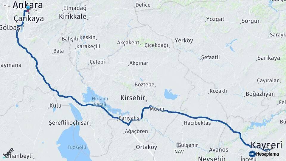 Ankara Melikgazi Kayseri Arası Kaç Km - Yol Haritası