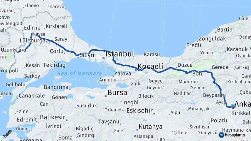 Ankara Meriç Edirne Arası Kaç Km - Yol Haritası