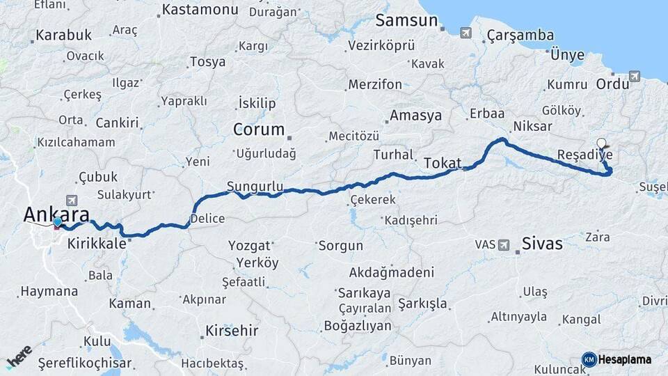 Ankara Mesudiye Ordu Arası Kaç Km - Yol Haritası
