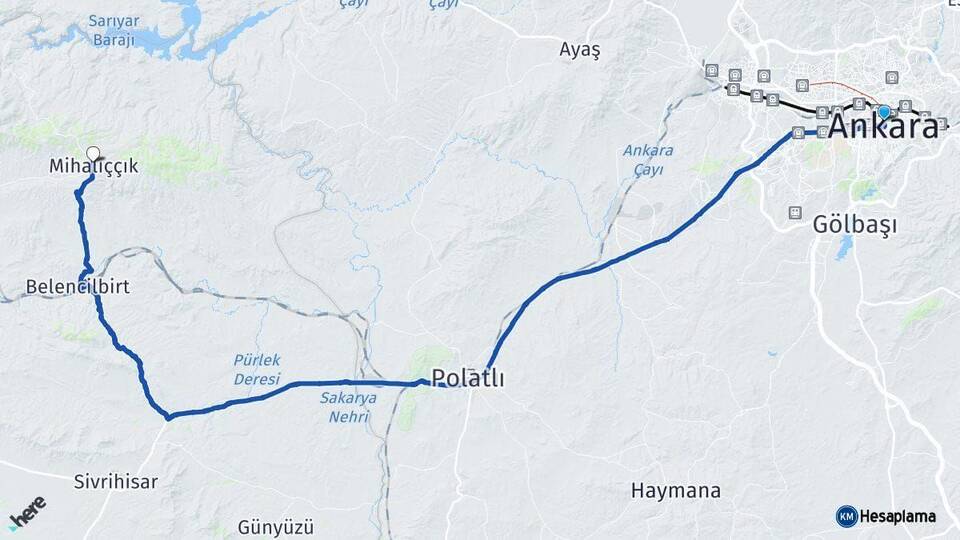 Ankara Mihalıççık Eskişehir Arası Kaç Km - Yol Haritası