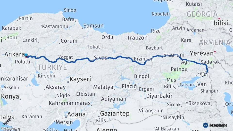 Ankara Muradiye Van Arası Kaç Km - Yol Haritası
