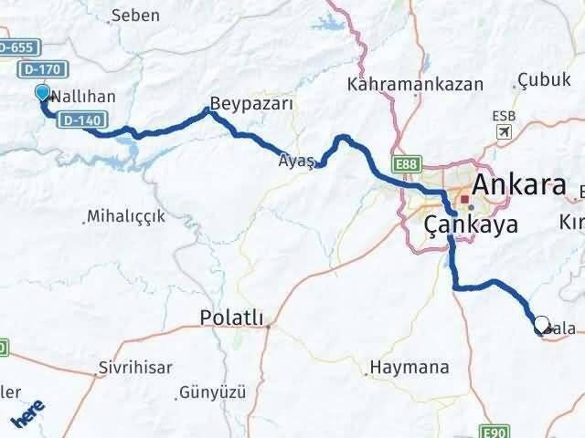 Ankara Nallıhan Akdere Bala Arası Kaç Km - Yol Haritası