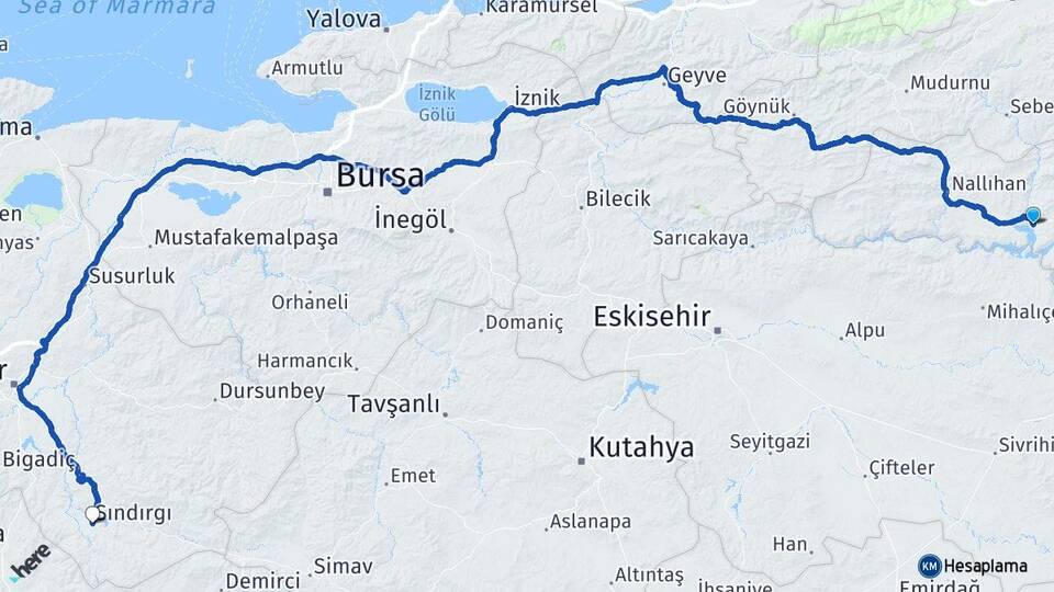 Ankara Nallıhan Çayırhan Sındırgı Balıkesir Arası Kaç Km - Yol Haritası