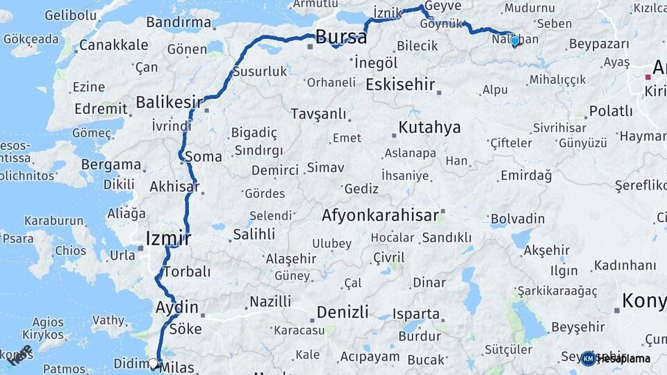 Ankara Nallıhan Didim Aydın Arası Kaç Km - Yol Haritası