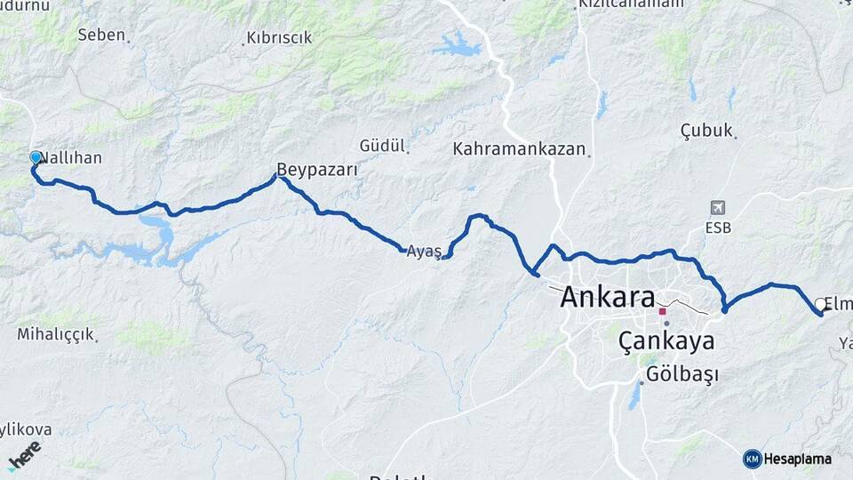 Ankara Nallıhan Elmadağ Arası Kaç Km - Yol Haritası