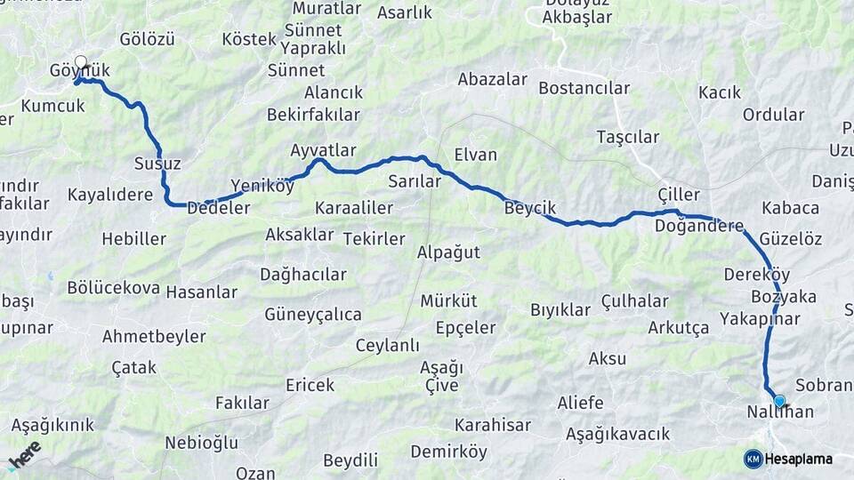 Ankara Nallıhan Göynük Bolu Arası Kaç Km - Yol Haritası
