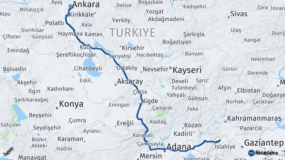 Ankara Nurdağı Gaziantep Arası Kaç Km - Yol Haritası