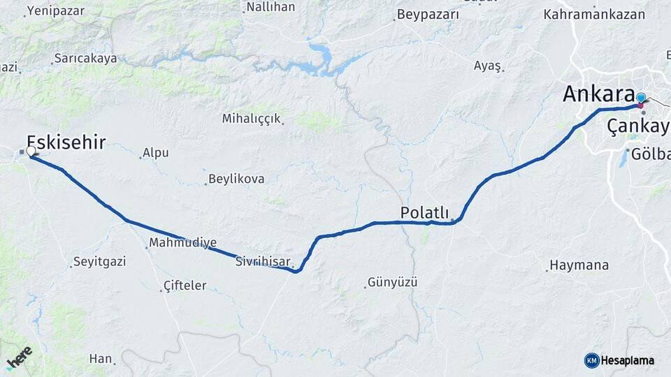 Ankara Odunpazarı Eskişehir Arası Kaç Km - Yol Haritası