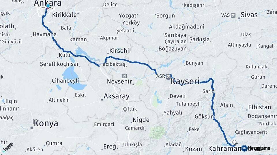 Ankara Onikişubat Kahramanmaraş Arası Kaç Km - Yol Haritası