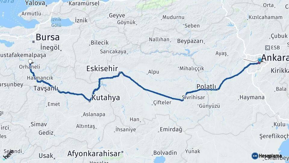 Ankara Orhaneli Bursa Arası Kaç Km - Yol Haritası