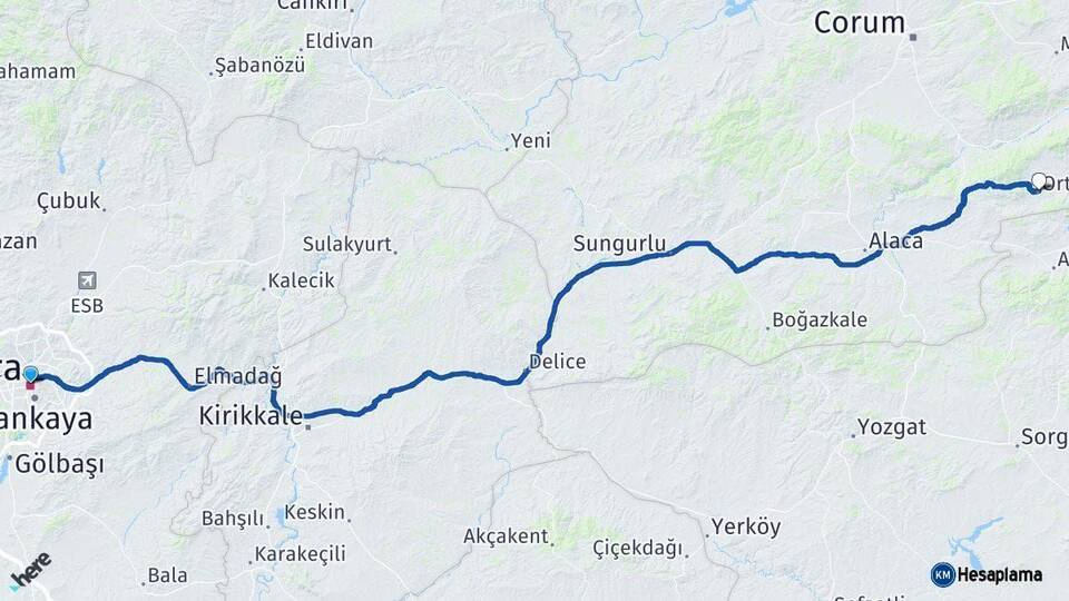 Ankara Ortaköy Çorum Arası Kaç Km - Yol Haritası