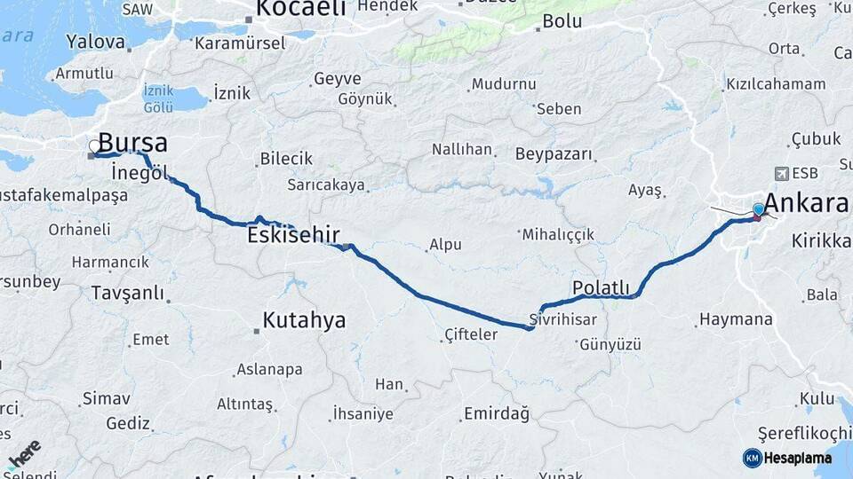 Ankara Osmangazi Bursa Arası Kaç Km - Yol Haritası