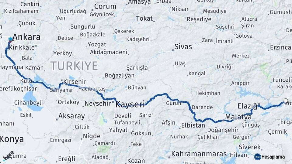 Ankara Palu Elazığ Arası Kaç Km - Yol Haritası