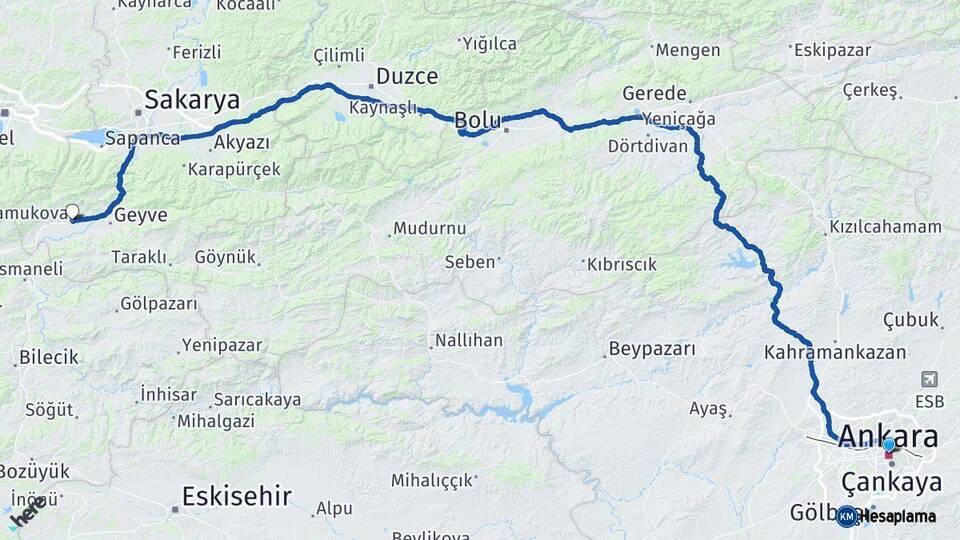 Ankara Pamukova Sakarya Arası Kaç Km - Yol Haritası
