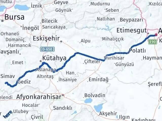 Ankara Pazarlar Kütahya Arası Kaç Km - Yol Haritası