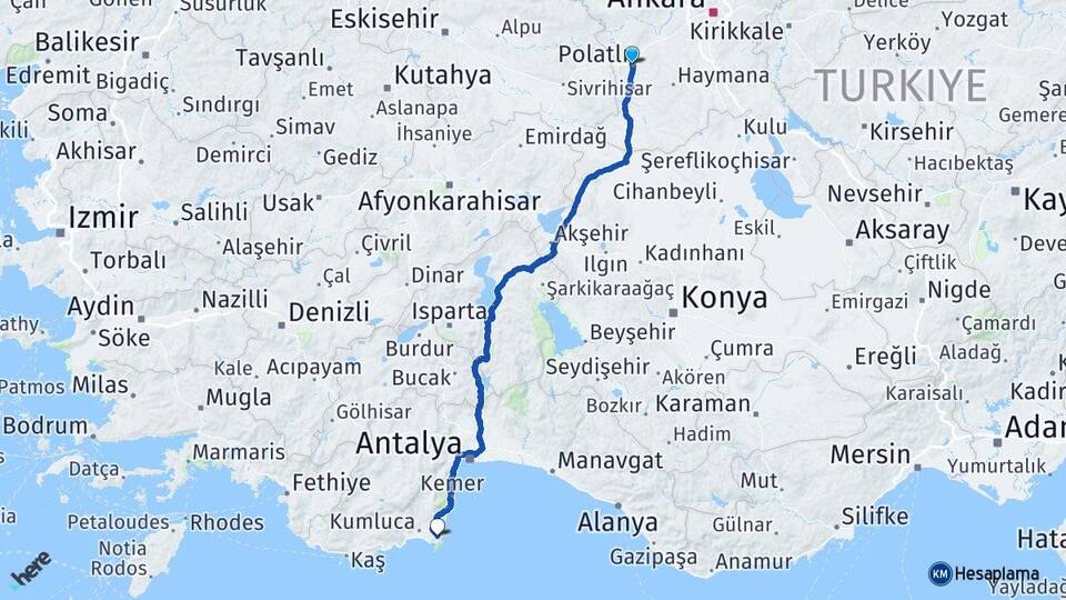 Ankara Polatlı Adrasan Kumluca Antalya Arası Kaç Km - Yol Haritası