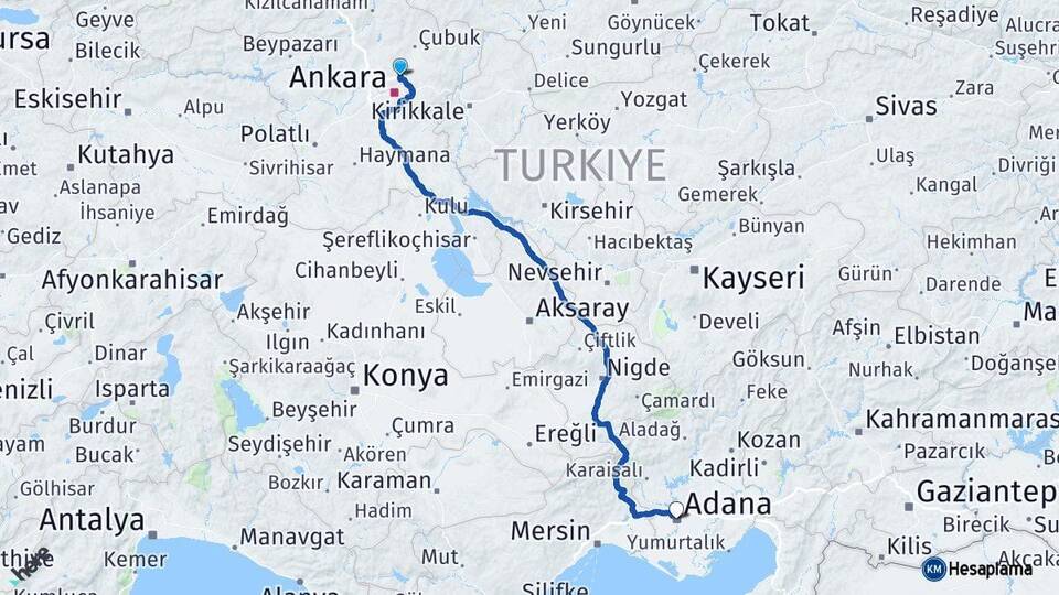 Ankara Pursaklar Adana Arası Kaç Km - Yol Haritası