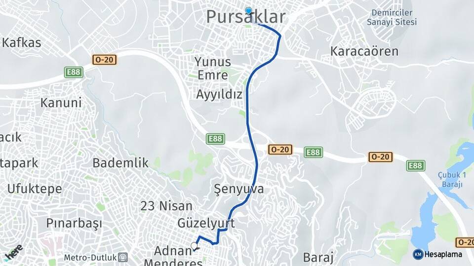 Ankara Pursaklar Aktepe Keçiören Arası Kaç Km - Yol Haritası