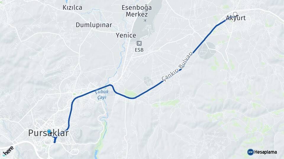 Ankara Pursaklar Akyurt Arası Kaç Km - Yol Haritası