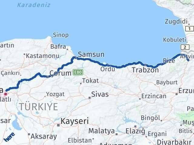 Ankara Pursaklar Artvin Arası Kaç Km - Yol Haritası