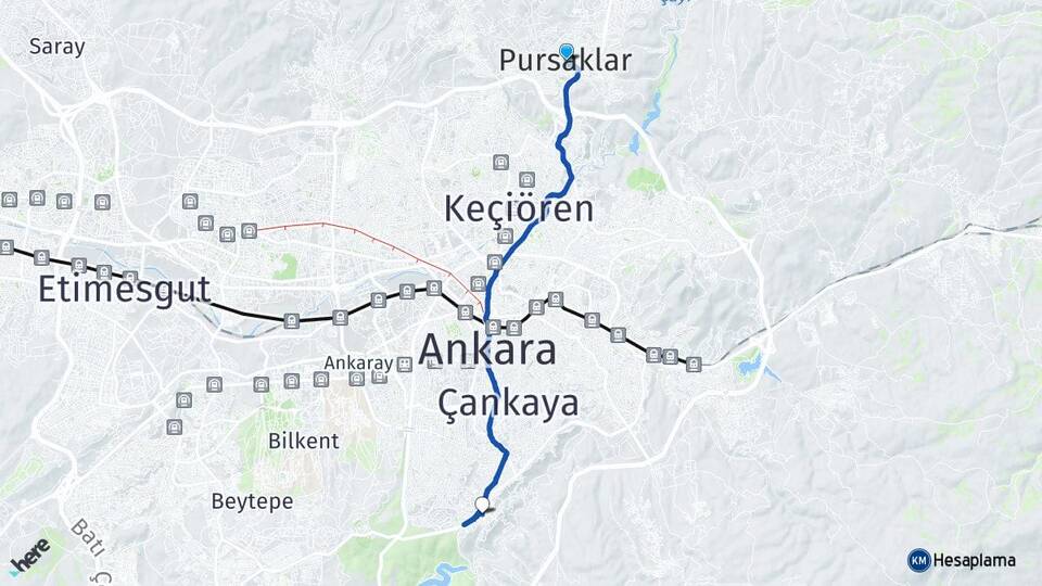 Ankara Pursaklar Aşağı Dikmen Çankaya Arası Kaç Km - Yol Haritası