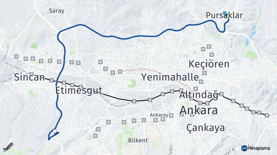 Ankara Pursaklar Bağlıca Etimesgut Arası Kaç Km - Yol Haritası