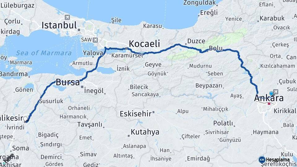 Ankara Pursaklar Balıkesir Arası Kaç Km - Yol Haritası