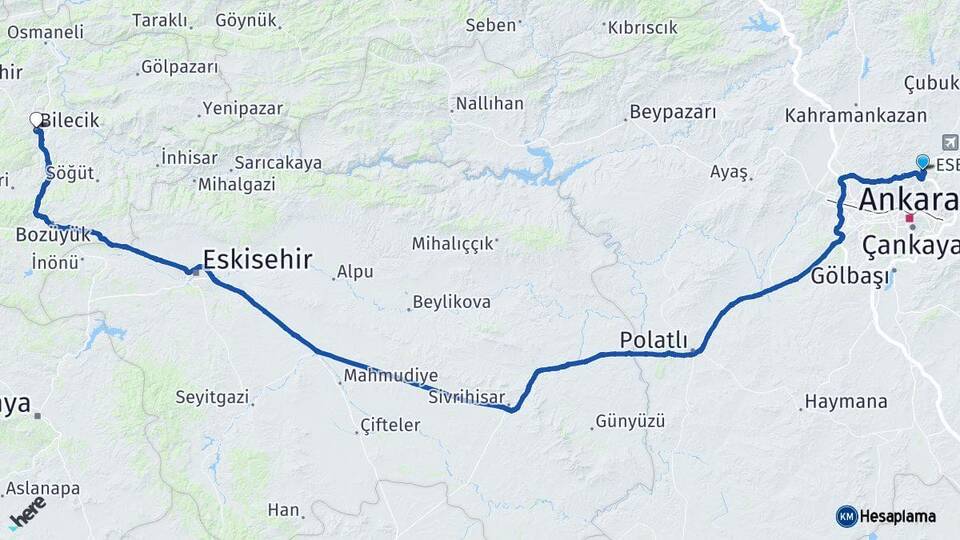 Ankara Pursaklar Bilecik Arası Kaç Km - Yol Haritası