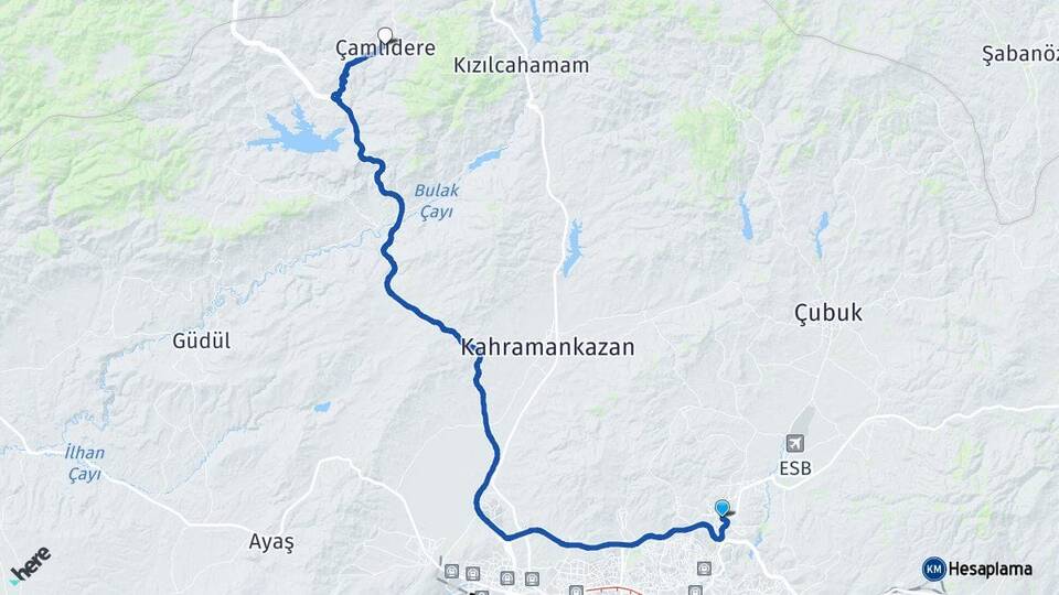 Ankara Pursaklar Çamlıdere Arası Kaç Km - Yol Haritası