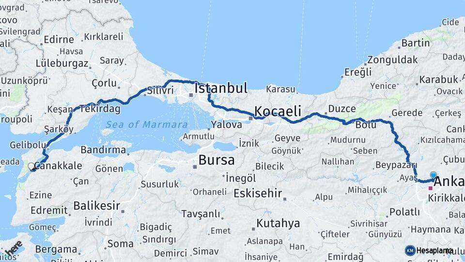 Ankara Pursaklar Çanakkale Arası Kaç Km - Yol Haritası