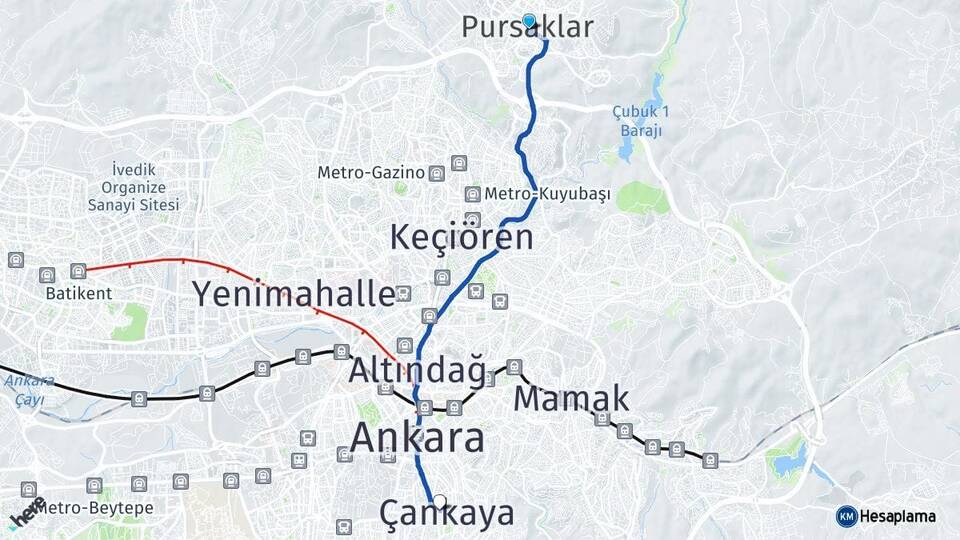 Ankara Pursaklar Çankaya Arası Kaç Km - Yol Haritası