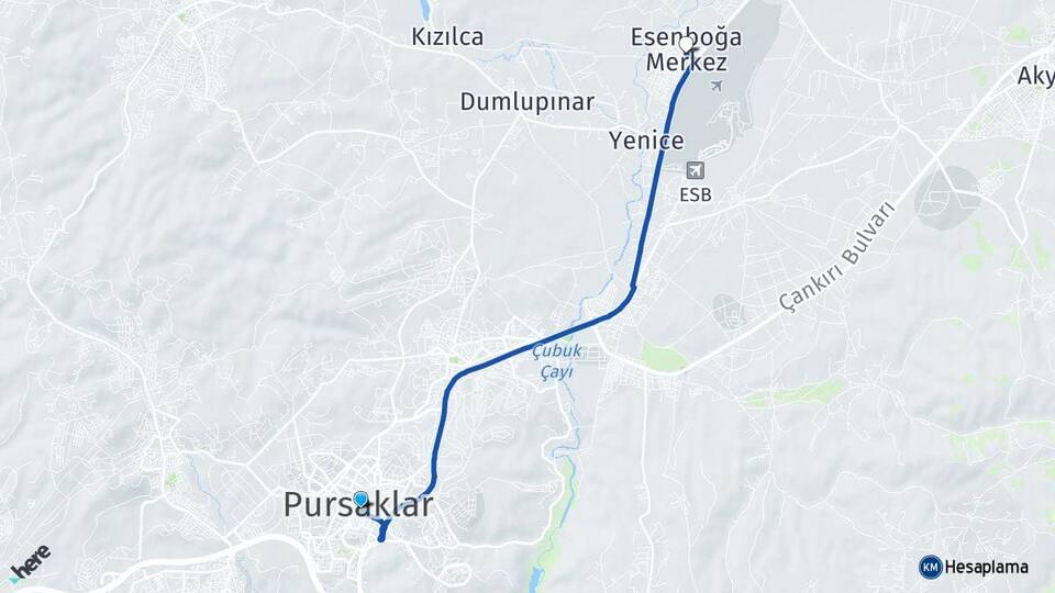 Ankara Pursaklar Esenboğa Çubuk Arası Kaç Km - Yol Haritası