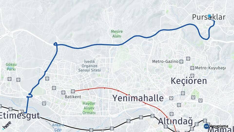 Ankara Pursaklar Etimesgut Arası Kaç Km - Yol Haritası