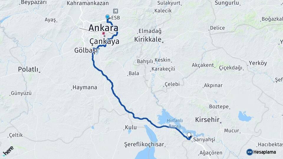 Ankara Pursaklar Evren Arası Kaç Km - Yol Haritası